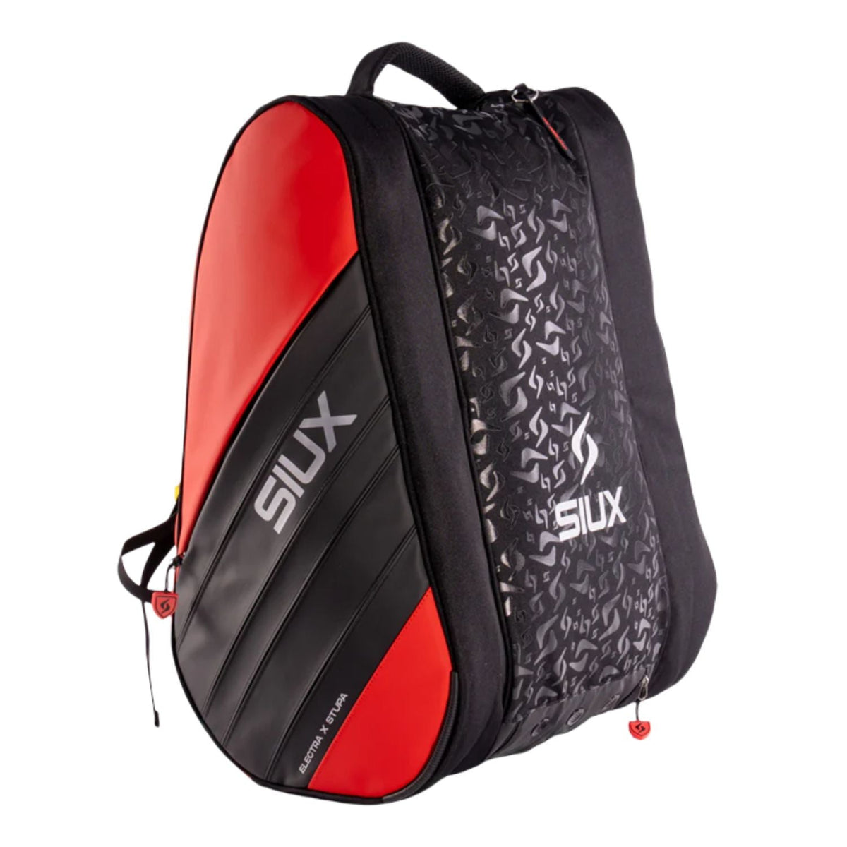 Vooraanzicht van de Siux Electra Stupa 2026 racketbag in rood en zwart met gedessineerd vak