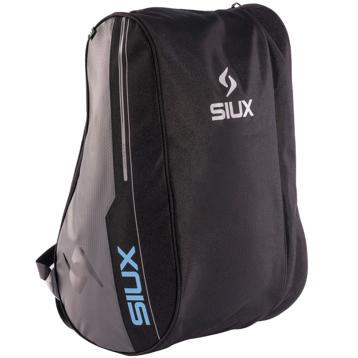 Kopse zijkant van de zwart-grijze Siux Pulse 2026 racketbag met blauwe logo-opdruk