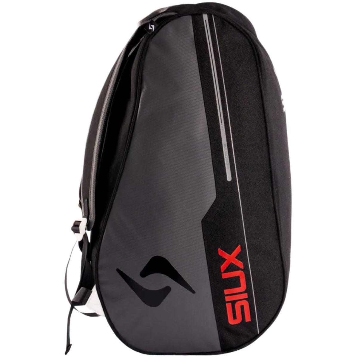 Zijaanzicht van de zwart-grijze Siux Racketbag Pulse 2026 met rood Siux-logo op de flank