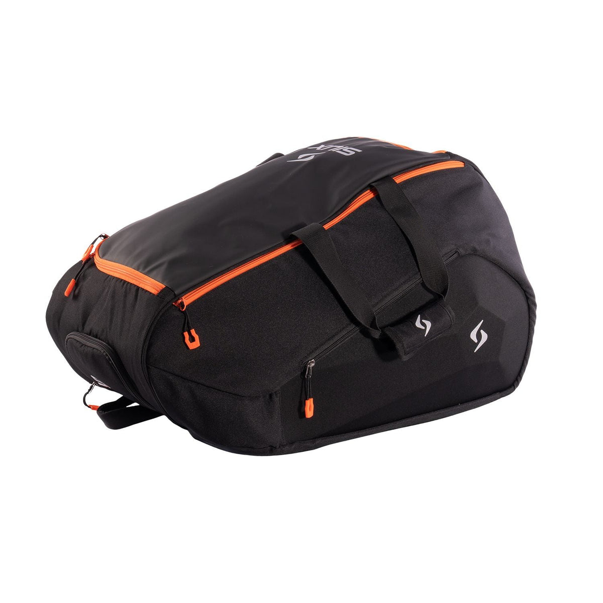 Liggende zwarte Siux Tour 2026 racketbag van bovenaf met oranje ritsen en draaggreep
