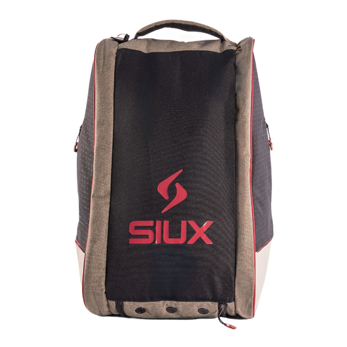 Kopse kant van de beige Siux Trail 2026 racketbag met donker paneel en rood Siux-logo