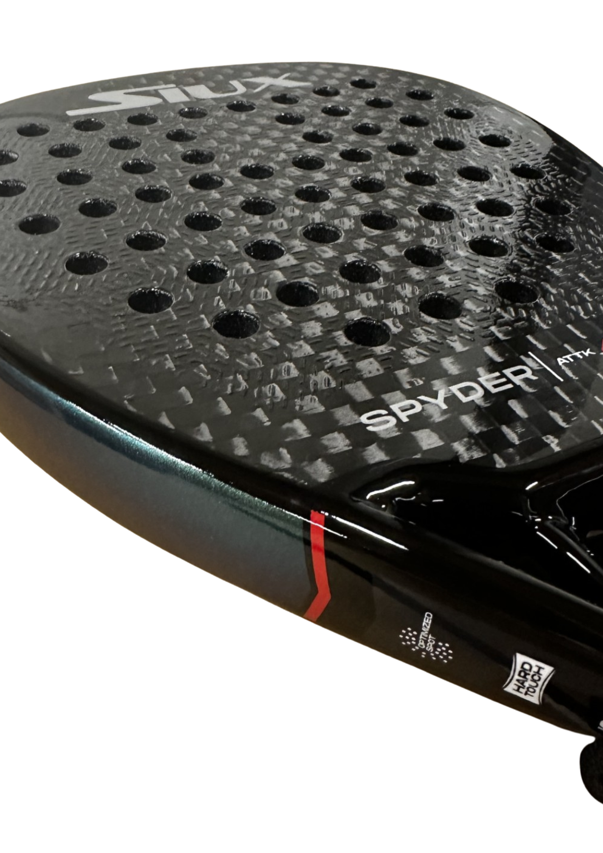 Siux Spyder 4 Attack padelracket schuin liggend met Spyder-opdruk op de framerand