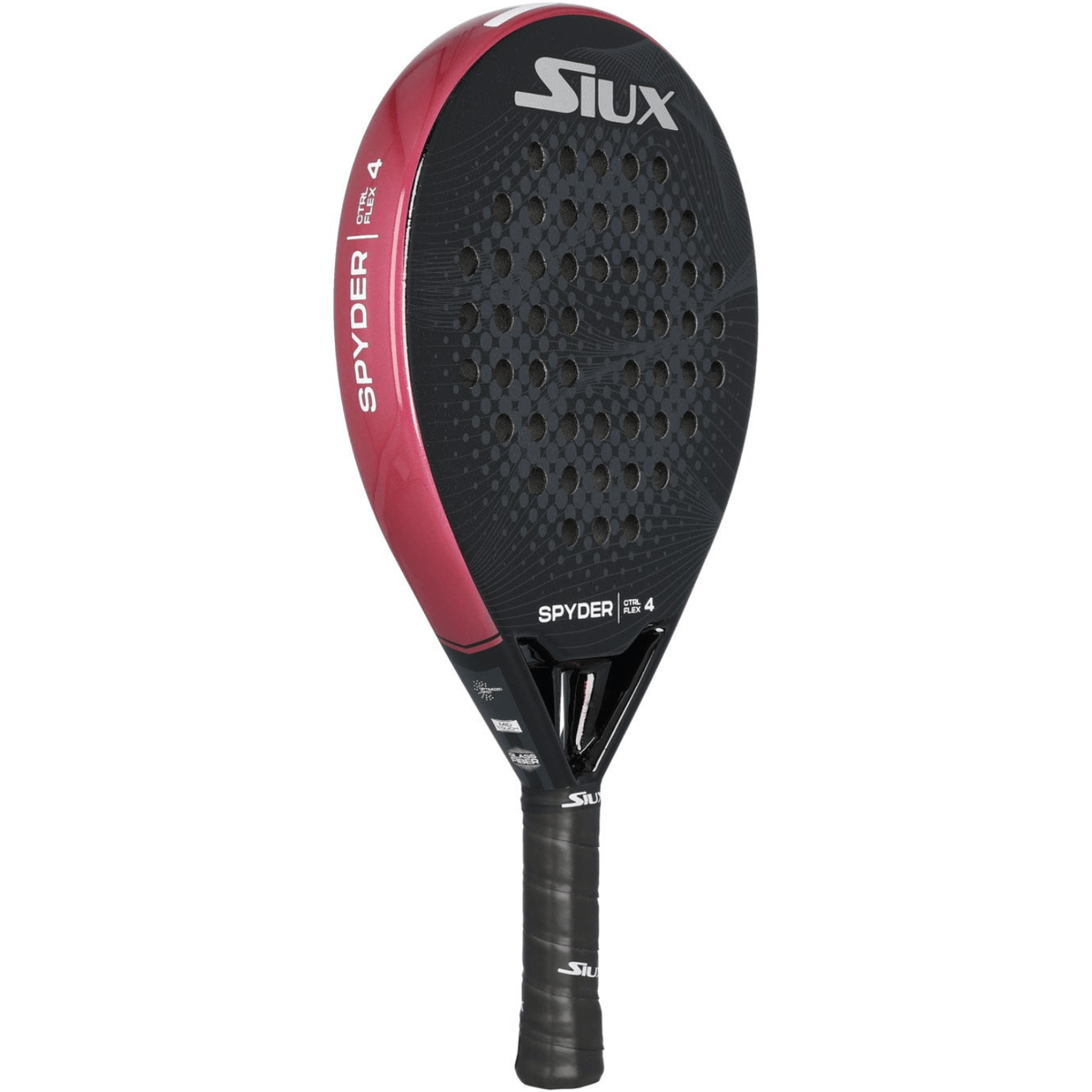 Pala de pádel Siux Spyder Control 4, vista frontal en ángulo, forma redondeada en negro y rojo
