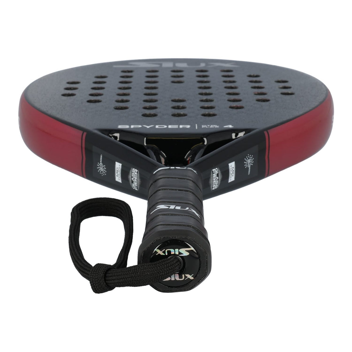 Close-up van de zwarte grip met polsband van het Siux Spyder Control 4 padelracket