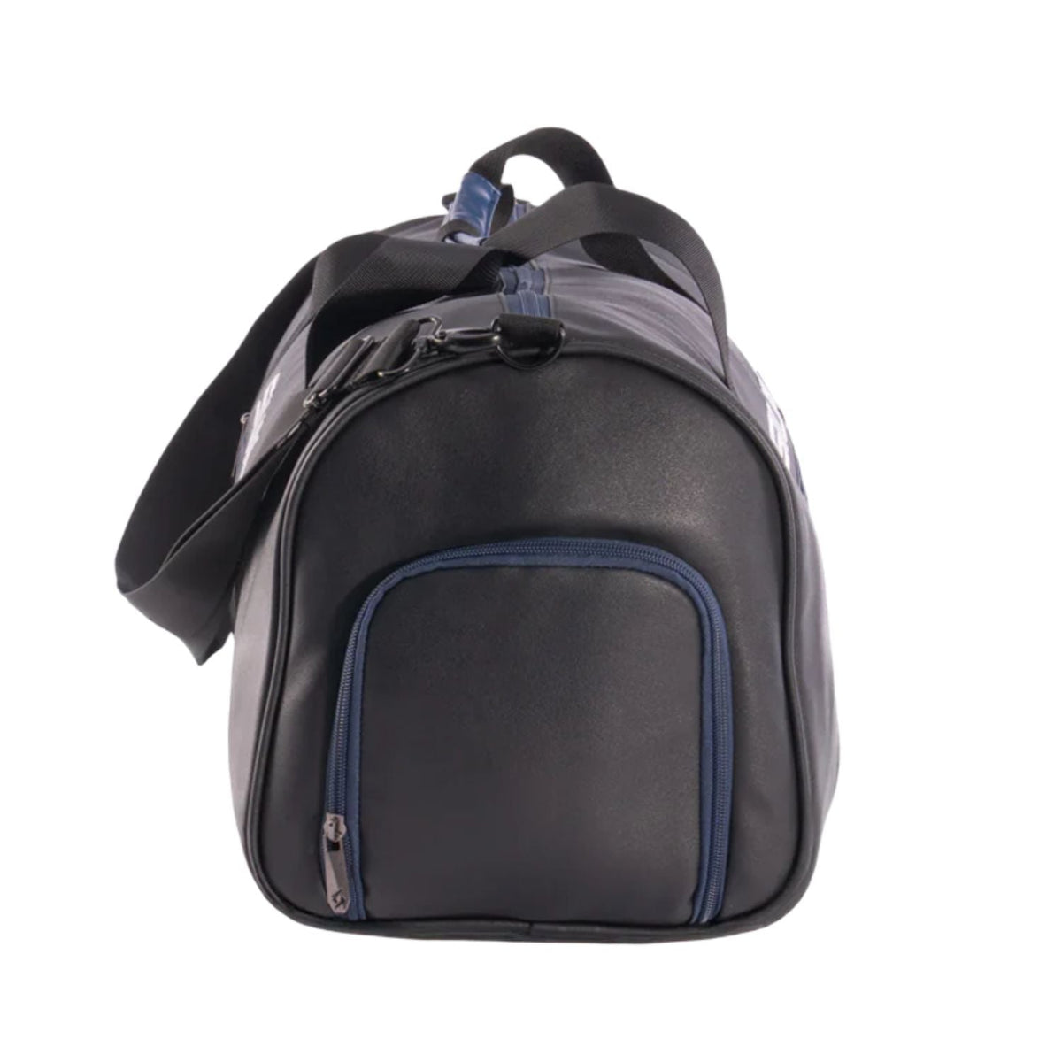 Kopse kant van de zwarte Siux The King Bag 2026 met geritst voorvak en blauwe ritsbies