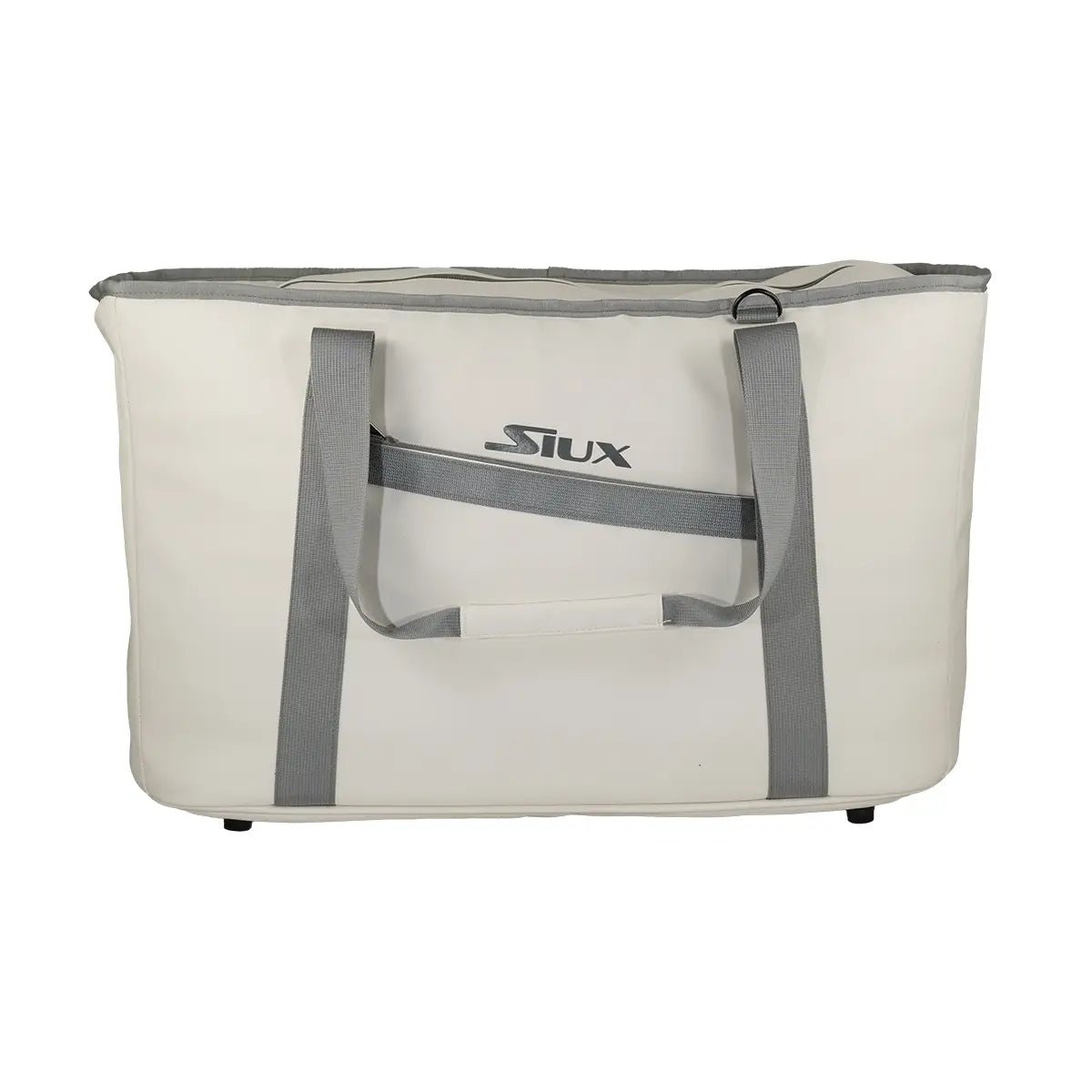 Front view of the white Siux The Queen Bag with grey straps and the Siux logo