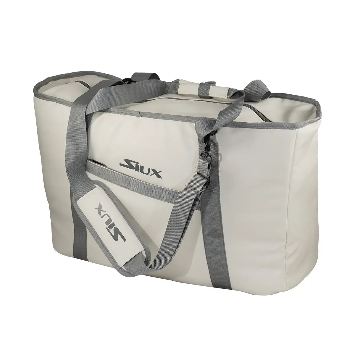 Seitenansicht der weißen Siux The Queen Bag mit grauen Riemen und langem Schulterriemen