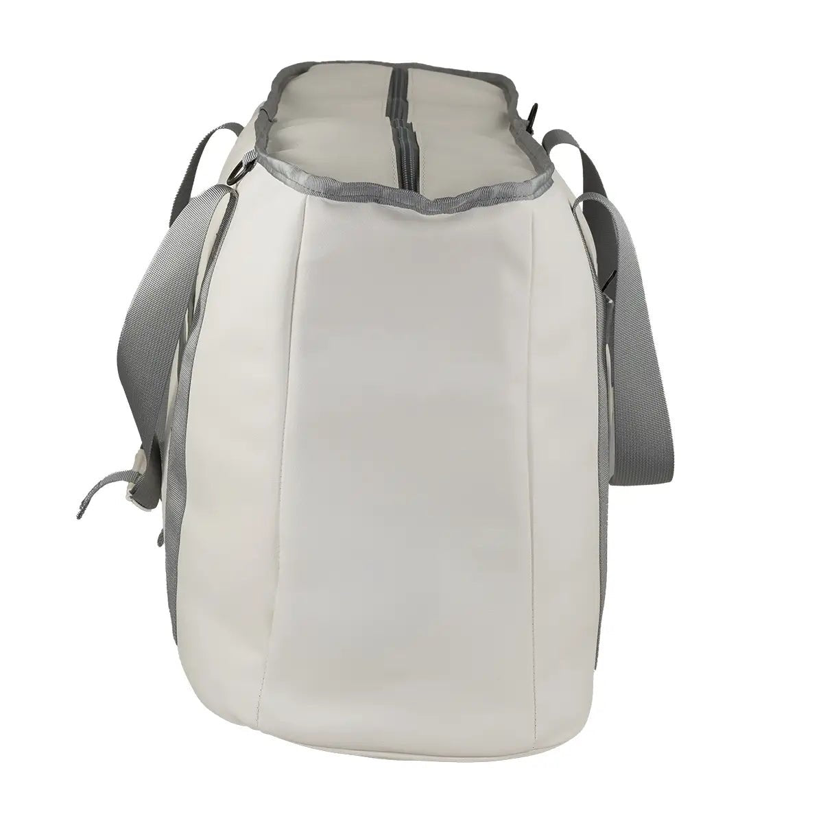 Aufrecht stehende weiße „Siux The Queen Bag“ von der Seite gesehen mit grauem Oberrand und Trageriemen