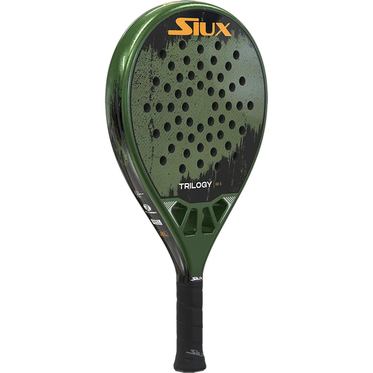 Siux Trilogy Go 5 padelracket schuin vooraanzicht, rondvorm in donkergroen