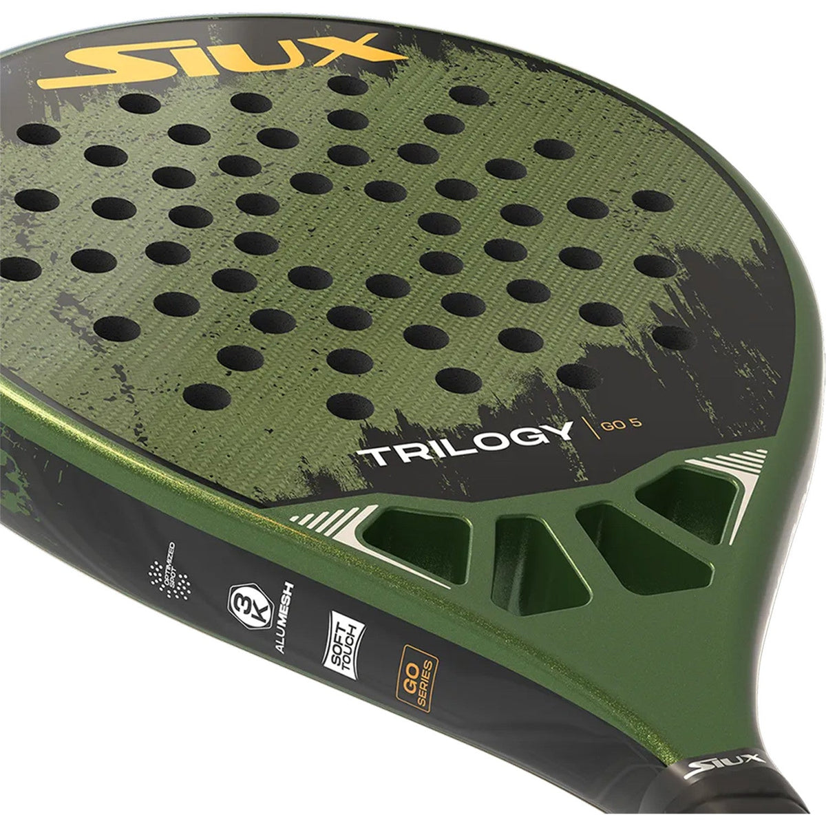 Close-up van het slagvlak van het Siux Trilogy Go 5 met opdruk TRILOGY GO 5