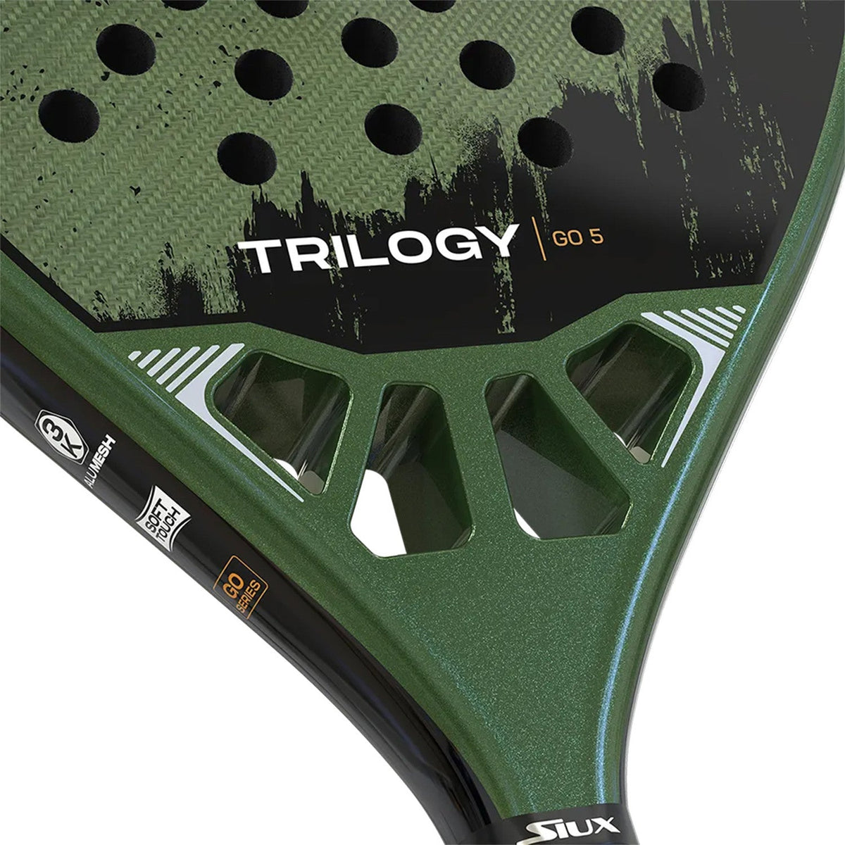 Detail van het hart van het Siux Trilogy Go 5 met witte opdruk en groen frame