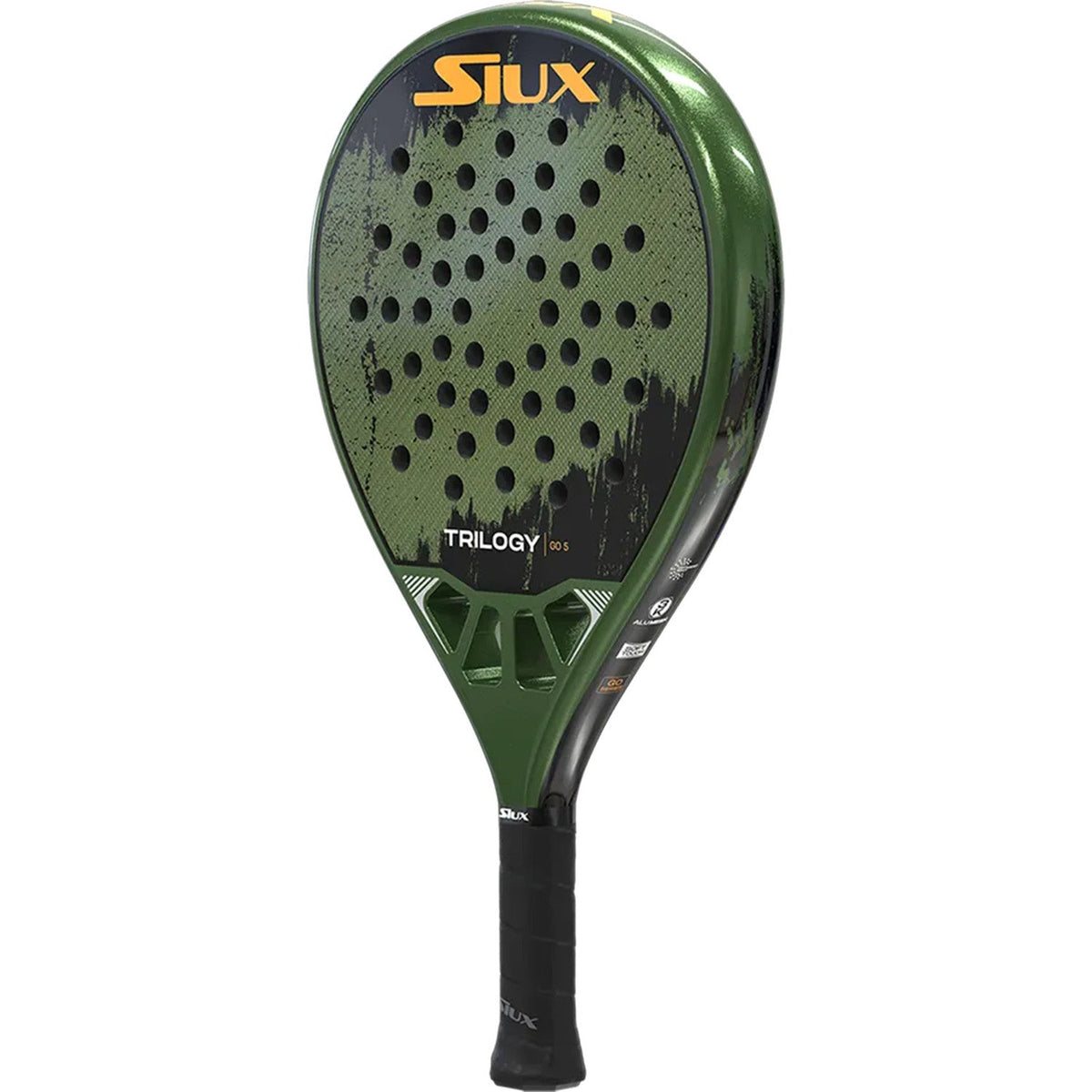 Siux Trilogy Go 5 padelracket schuin van onderen met zwarte grip en groen blad