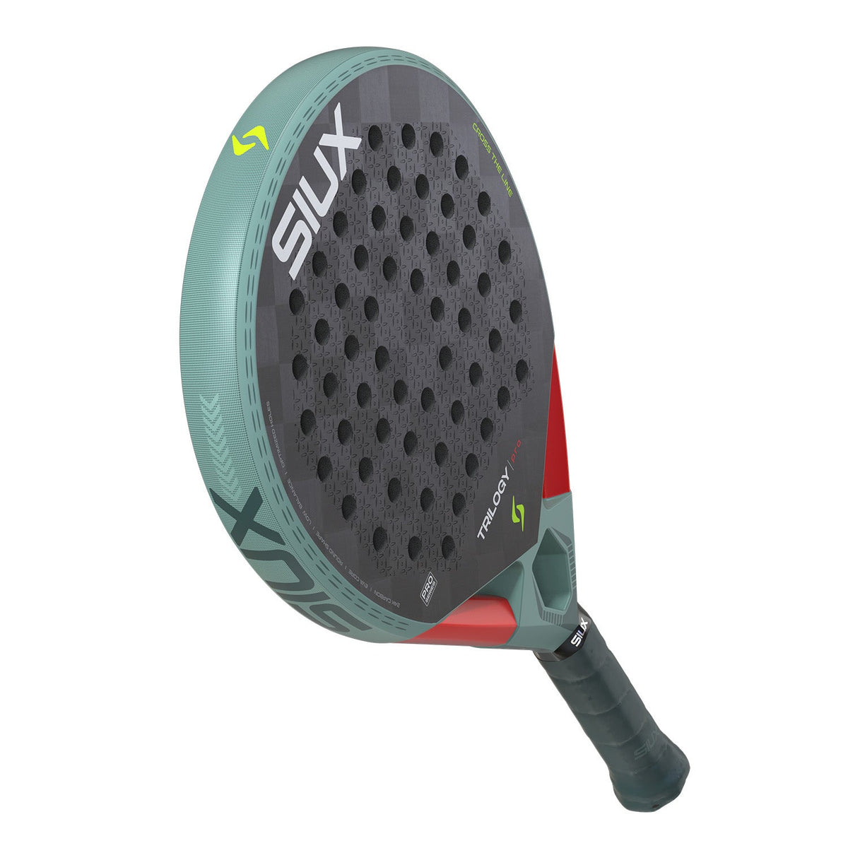 Achterzijde van het Siux Trilogy Pro 26 padelracket in saliegroen met rood accent