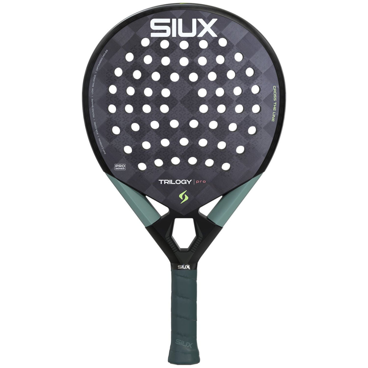 Siux Trilogy Pro 26 padelracket in de zwarte uitvoering, vooraanzicht met groen logo