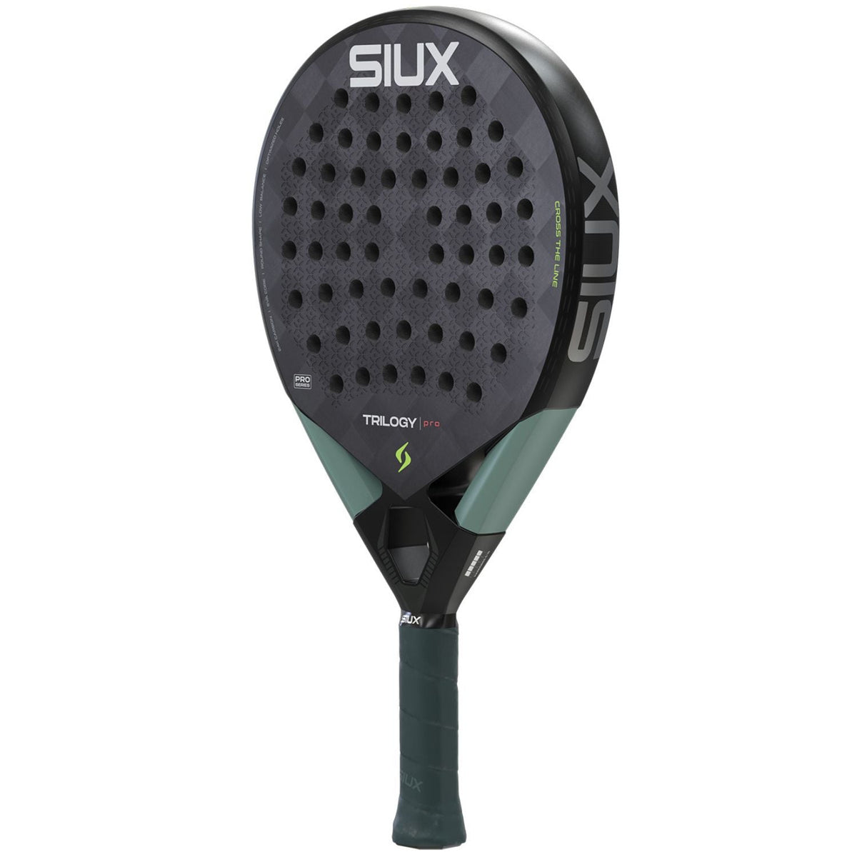 Zwarte Siux Trilogy Pro 26 padelracket schuin vooraanzicht met groene accenten