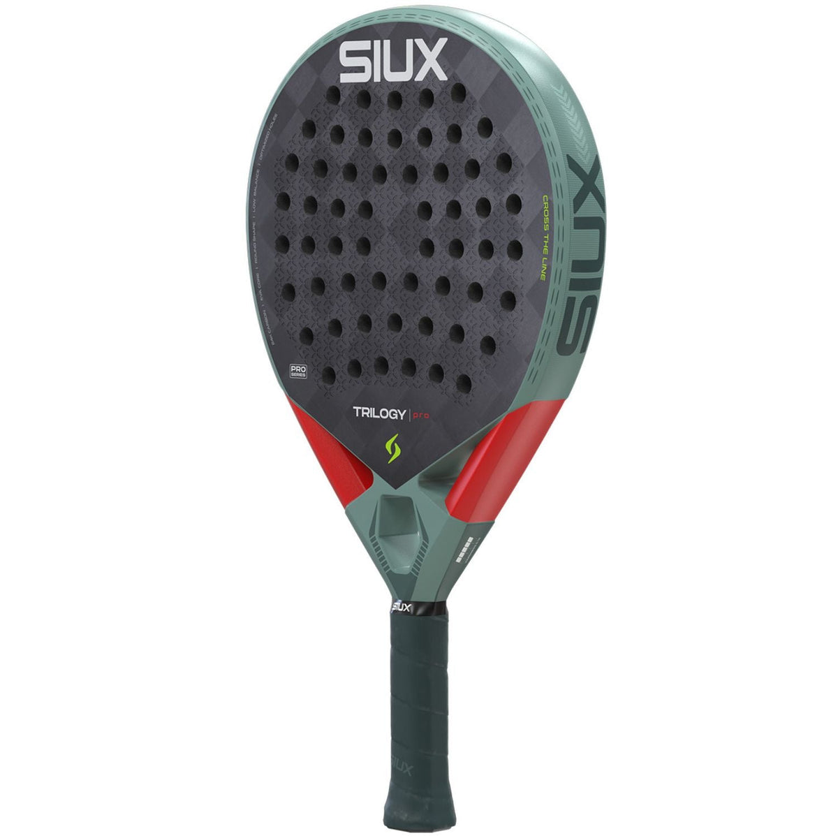 Siux Trilogy Pro 26 padelracket schuin vooraanzicht, rondvorm in groen en rood