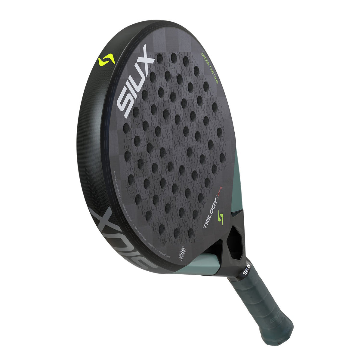 Achterzijde van het Siux Trilogy Pro 26 padelracket in zwart met groene rand