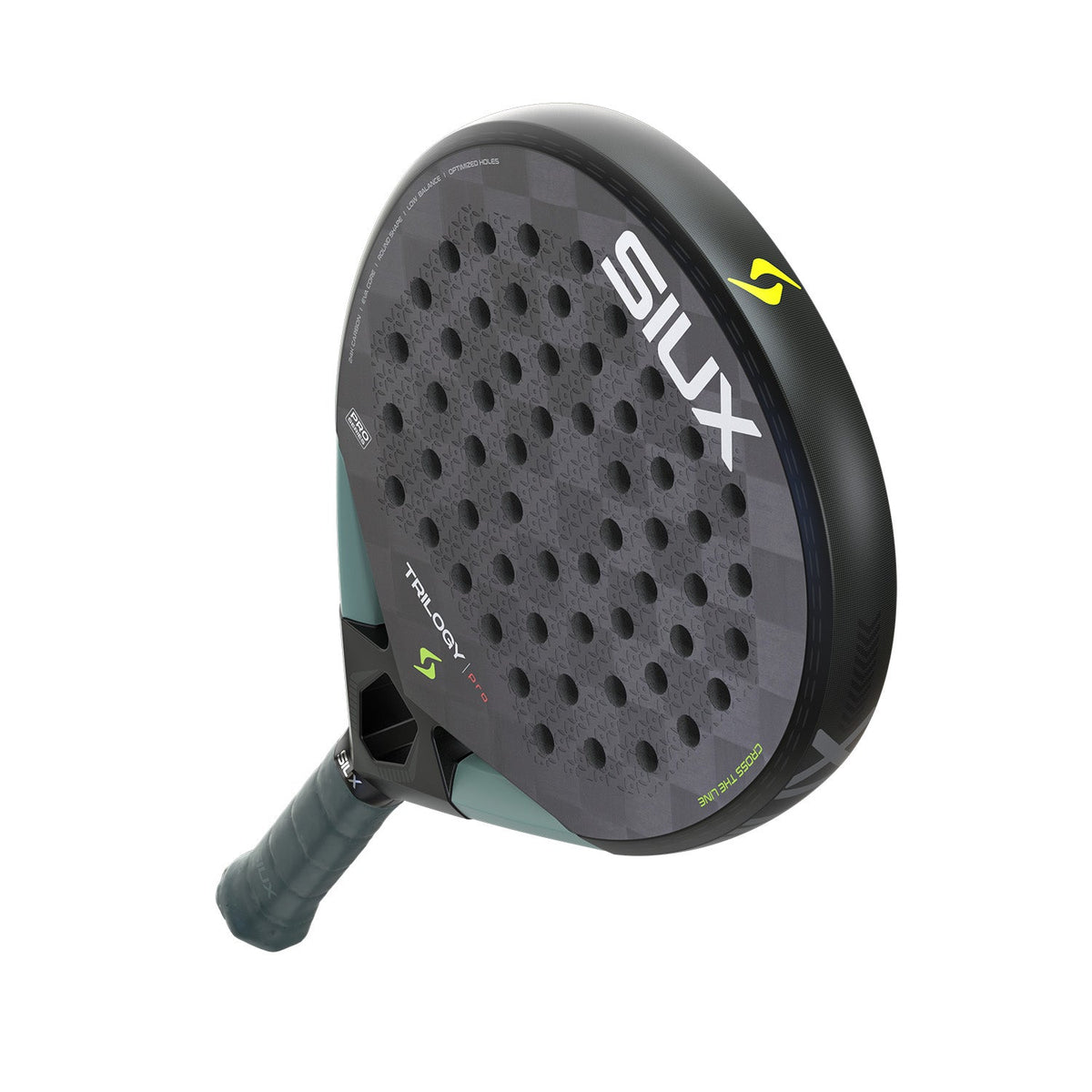 Zwarte Siux Trilogy Pro 26 padelracket schuin van onderen met groene grip in beeld