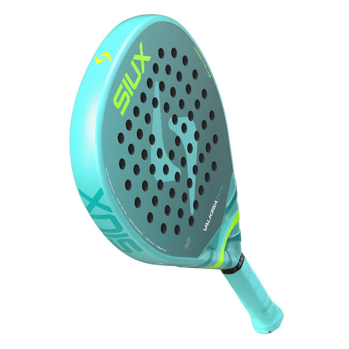 Achterzijde van het Siux Valkiria Elite 2 damesracket in turquoise met groen logo