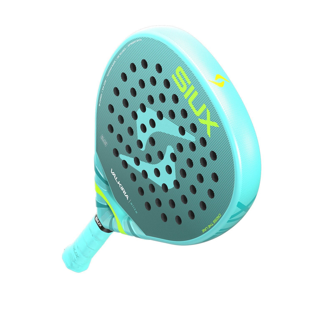 Siux Valkiria Elite 2 padelracket schuin van onderen met turquoise grip in beeld