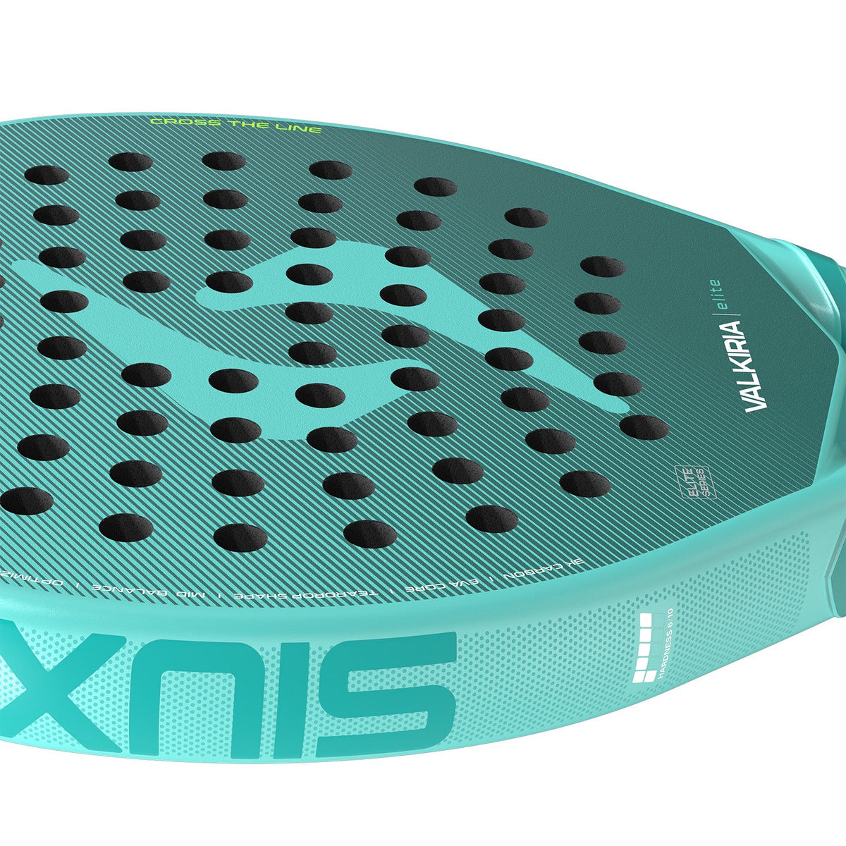 Detail van het turquoise slagvlak van het Siux Valkiria Elite 2 met SIUX op de rand