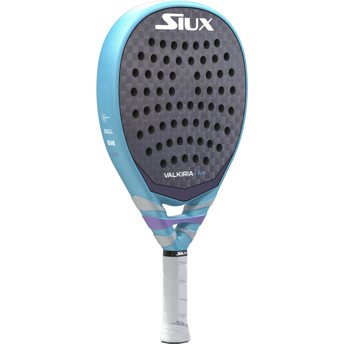 Siux Valkiria Elite damesracket schuin vooraanzicht, druppelvorm in lichtblauw