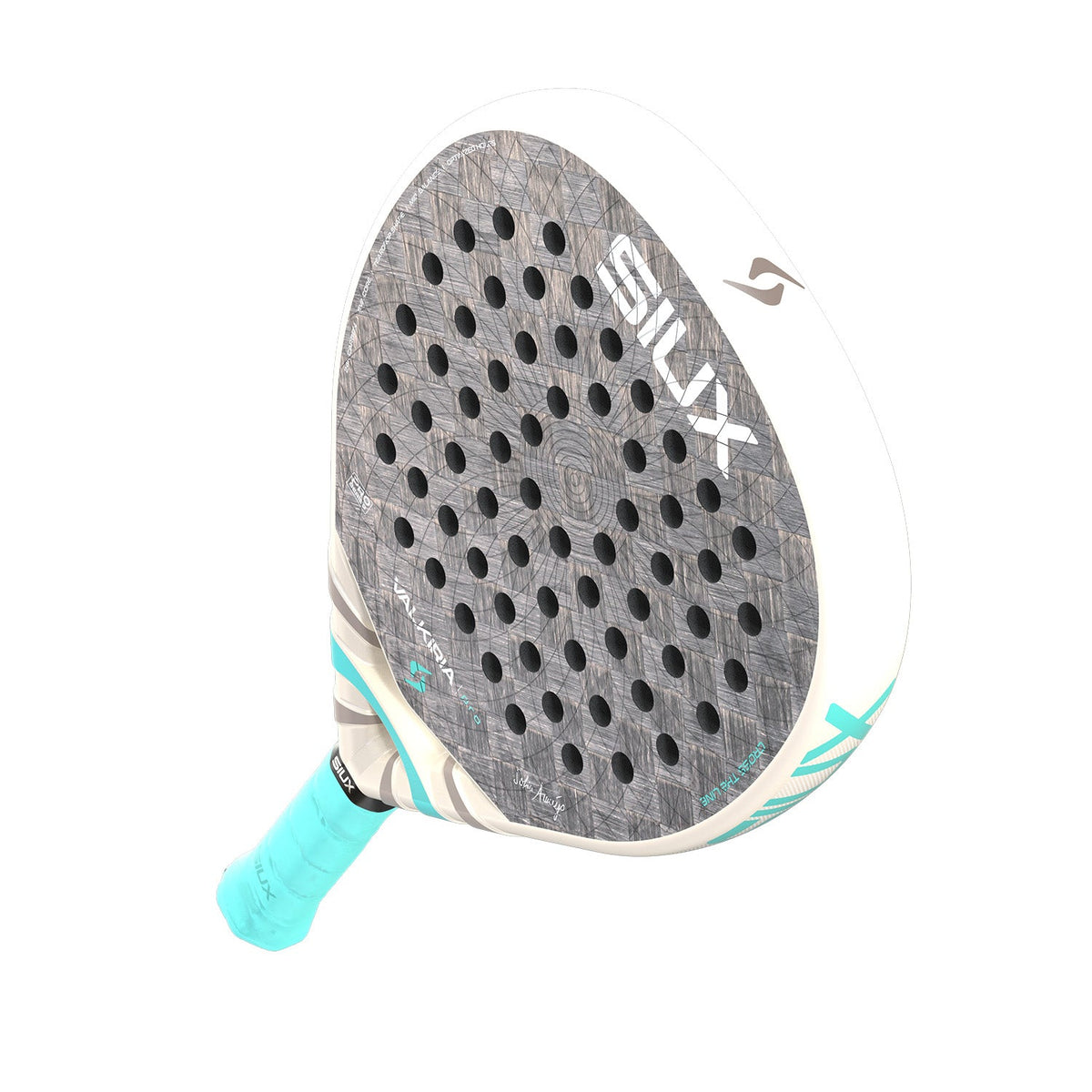 Siux Valkiria Pro 26 padelracket schuin van onderen met turquoise grip in beeld
