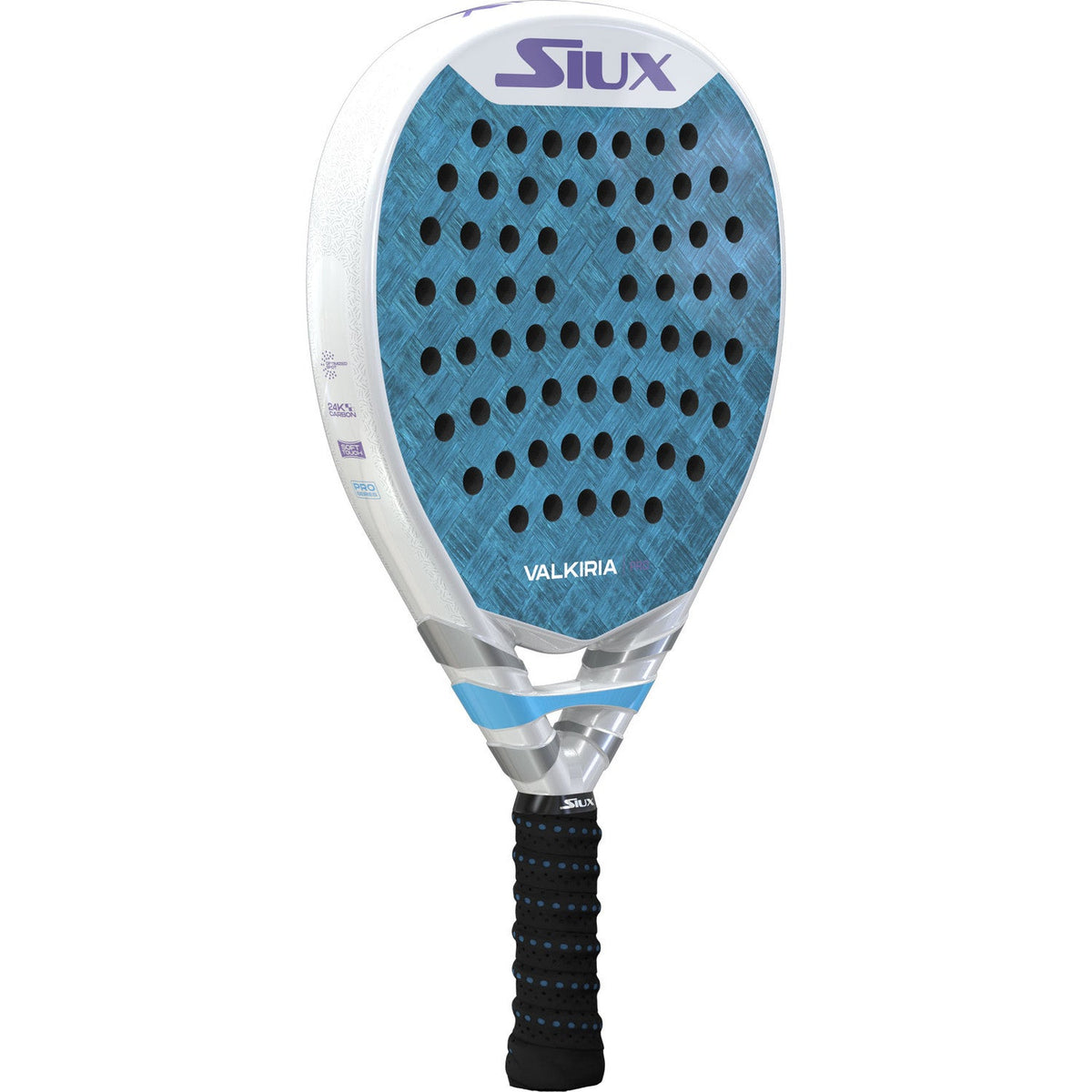Siux Valkiria Pro damesracket schuin vooraanzicht, hybridevorm in blauw en wit