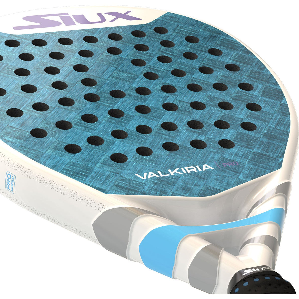 Close-up van het blauwe slagvlak van het Siux Valkiria Pro met VALKIRIA-opdruk