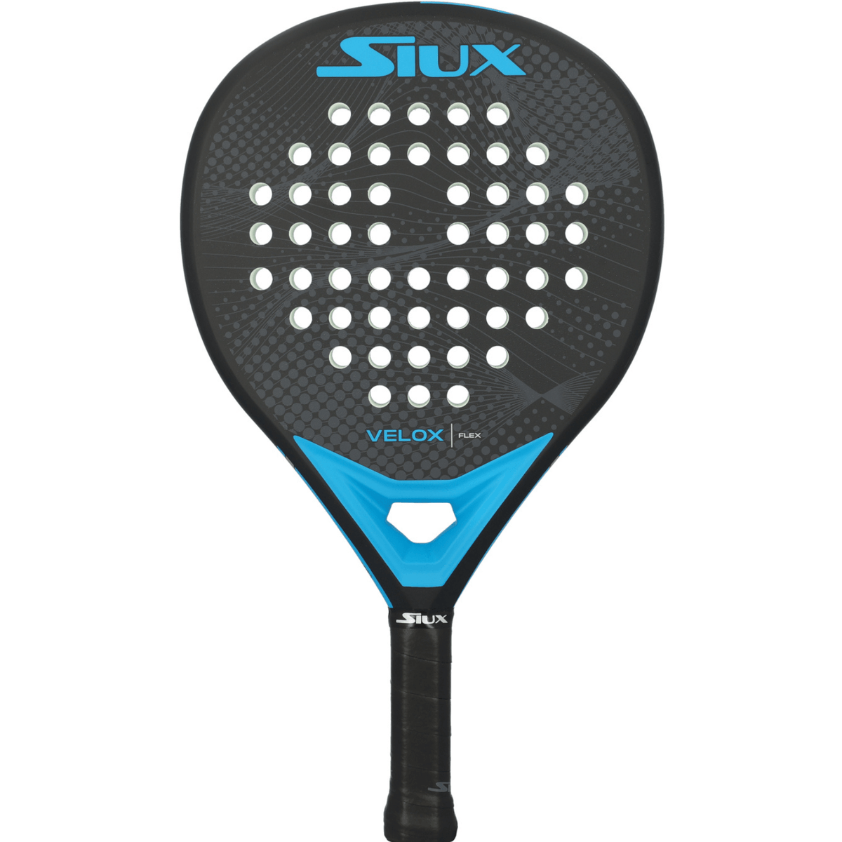 Siux Velox Flex Blue padelracket in zwart met blauw SIUX-logo, vooraanzicht