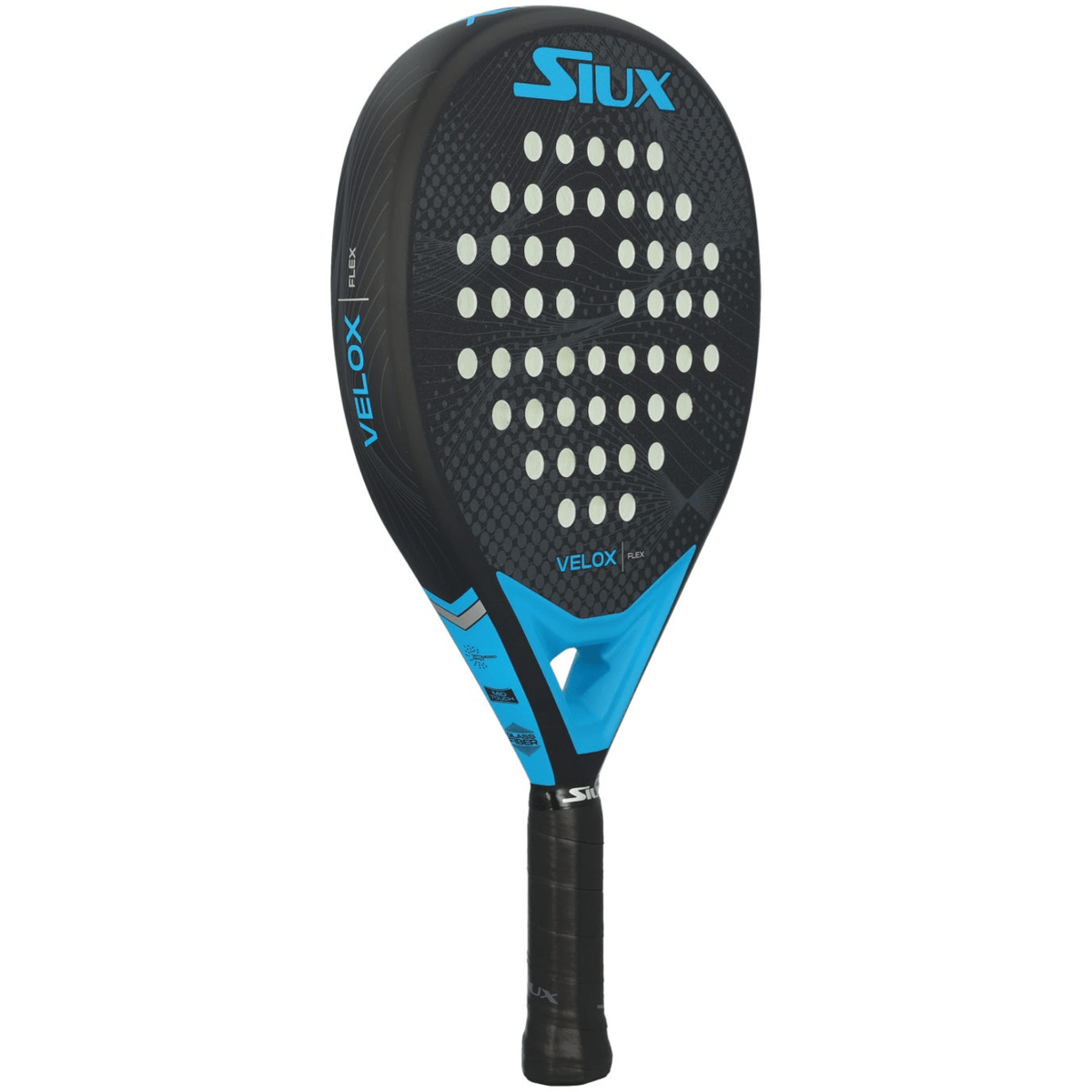 Siux Velox Flex Blue padelracket schuin vooraanzicht, druppelvorm in zwart en blauw