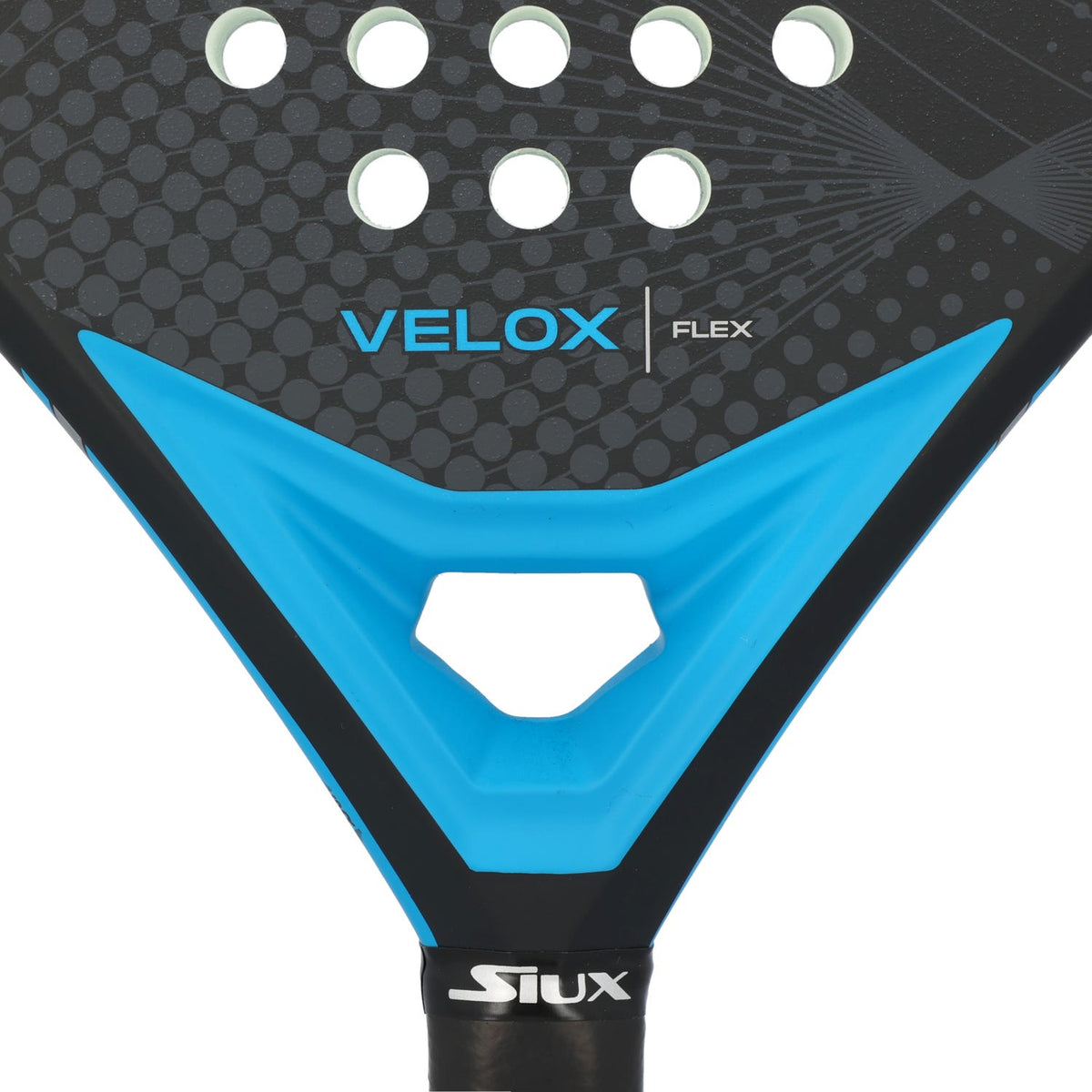 Detail van het blauwe hart van het Siux Velox Flex Blue met de opdruk VELOX FLEX