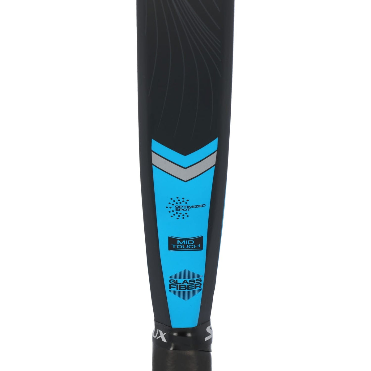 Detail van de steel van het Siux Velox Flex Blue met blauwe pijlen en stickers