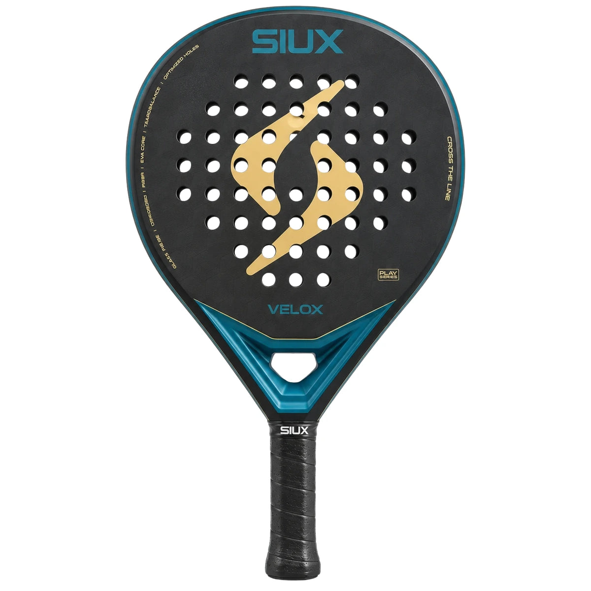 Siux Velox Petrol 2026 padelracket, vooraanzicht met goud Siux-logo