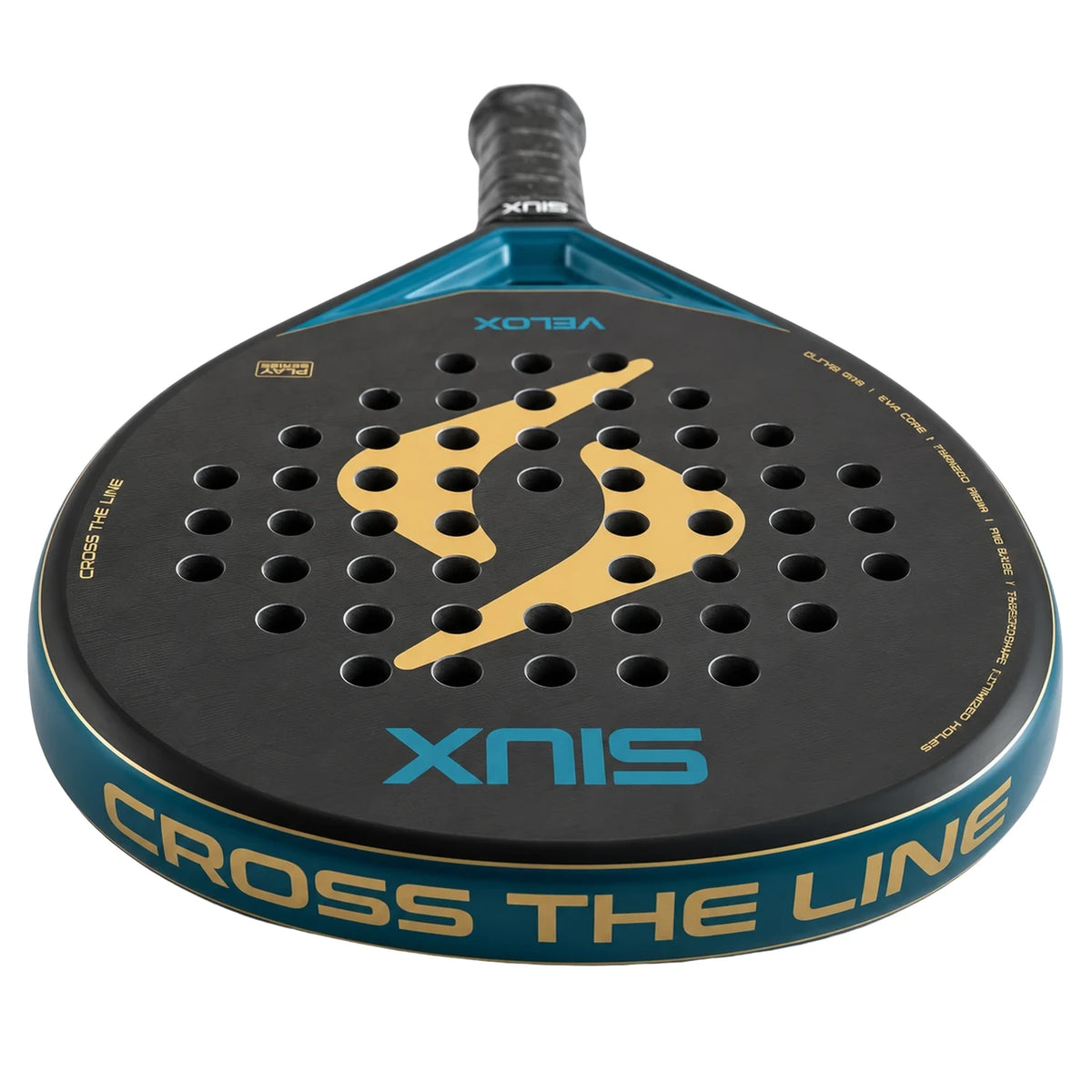 Siux Velox Petrol 2026 padelracket liggend, met Cross the Line op het frame