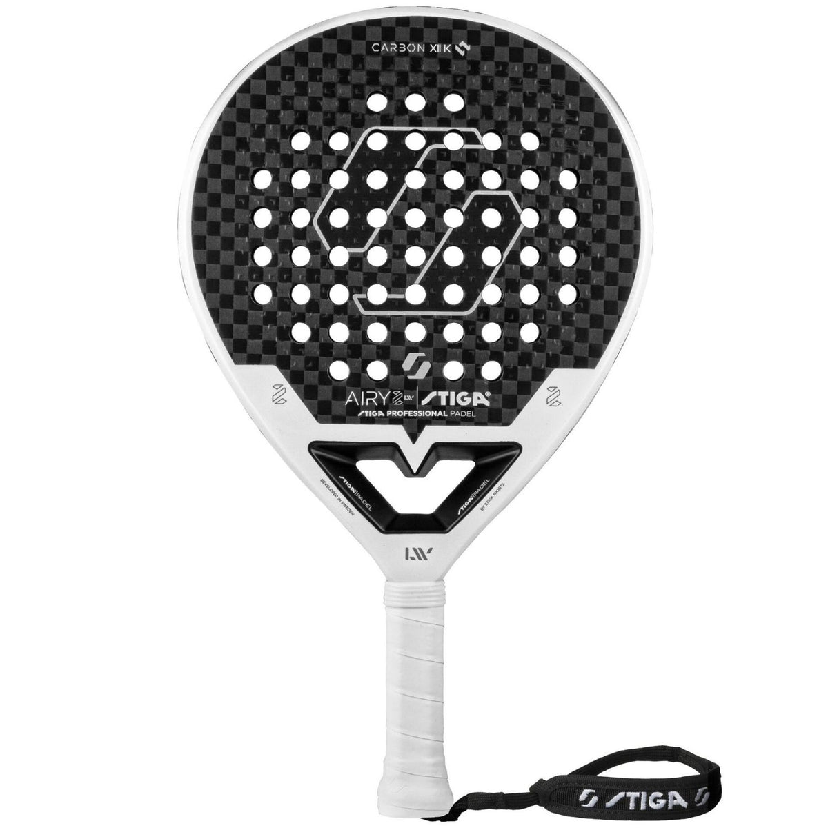 Stiga Airy 2 padelracket in zwart met wit STIGA-logo en witte framerand, vooraanzicht