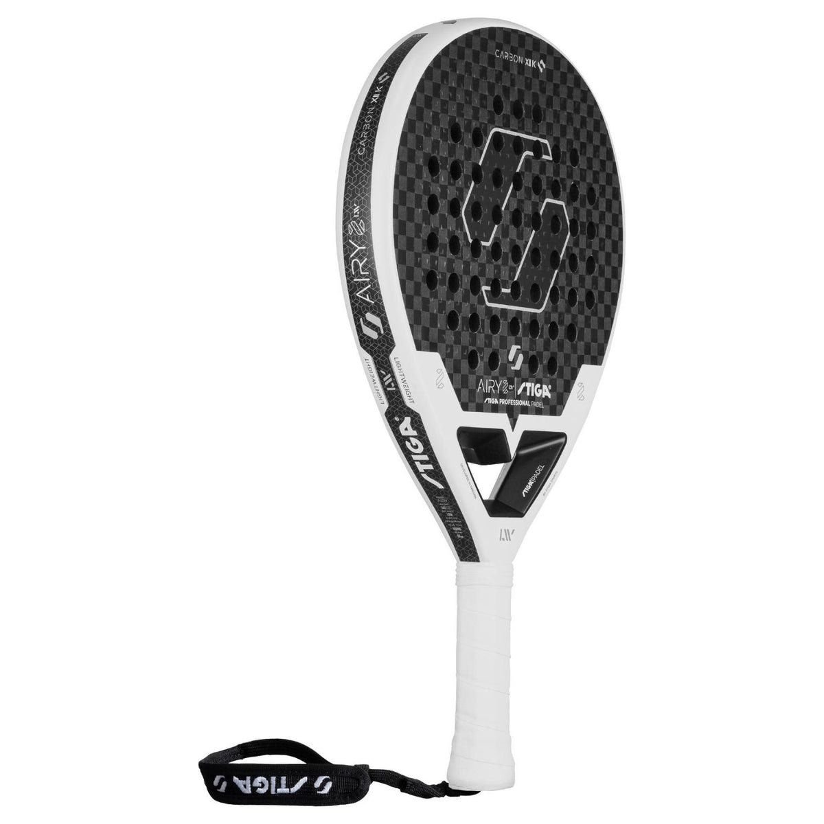 Stiga Airy 2 padelracket schuin van opzij met zwart slagvlak en witte bies