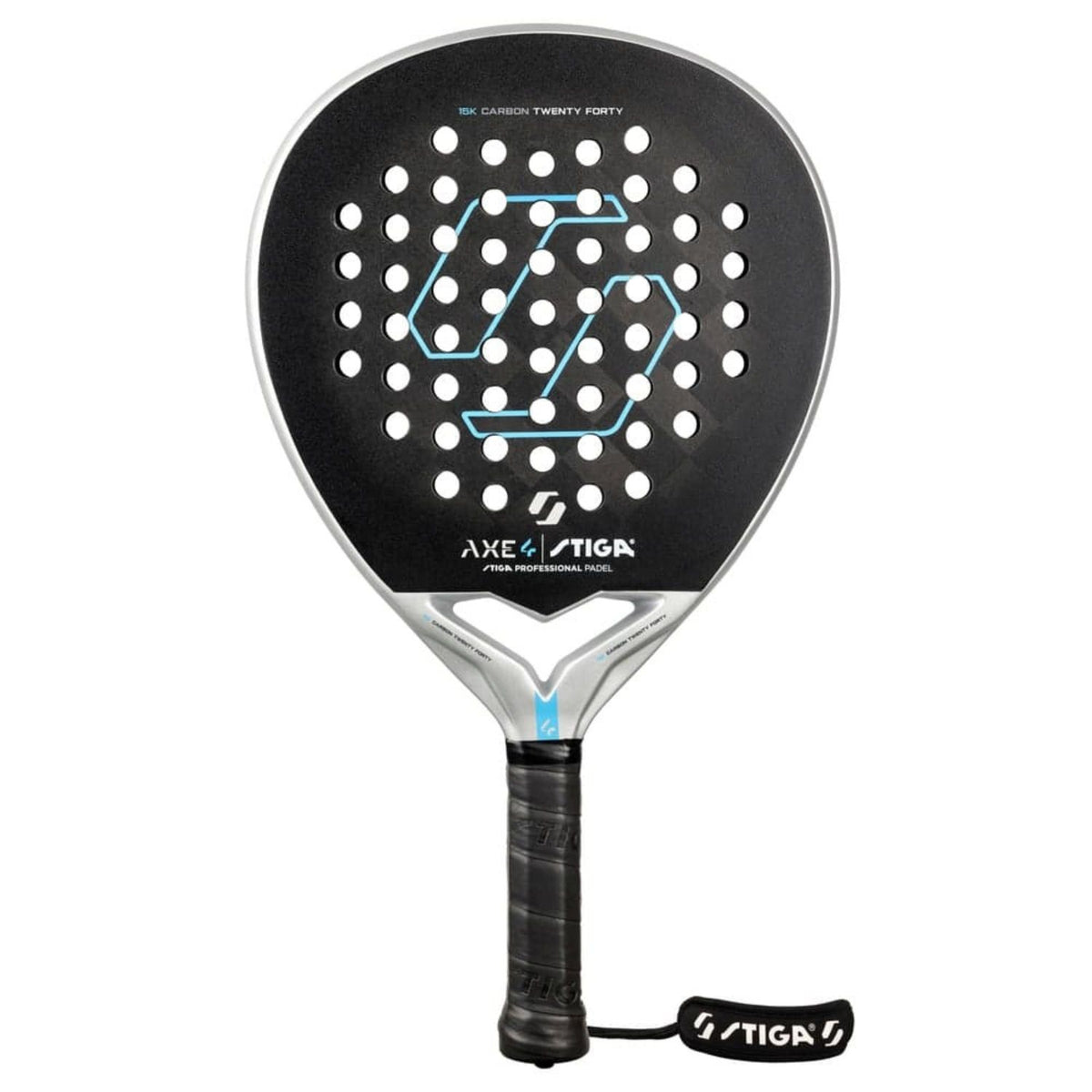 Stiga Axe 4 padelracket in zwart met lichtblauw zeshoeklogo, vooraanzicht