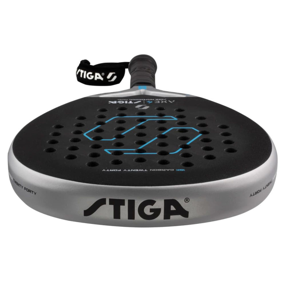 Bovenaanzicht van de Stiga Axe 4 met zwart STIGA-logo op de zilveren framerand