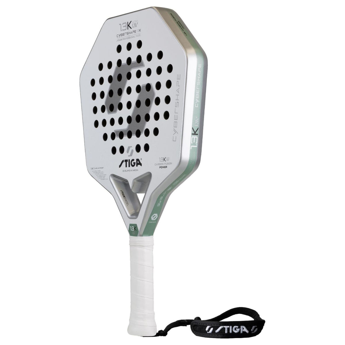 Stiga Cybershape 1.3K Ultra LW schuin vooraanzicht, hoekige vorm in wit met groen