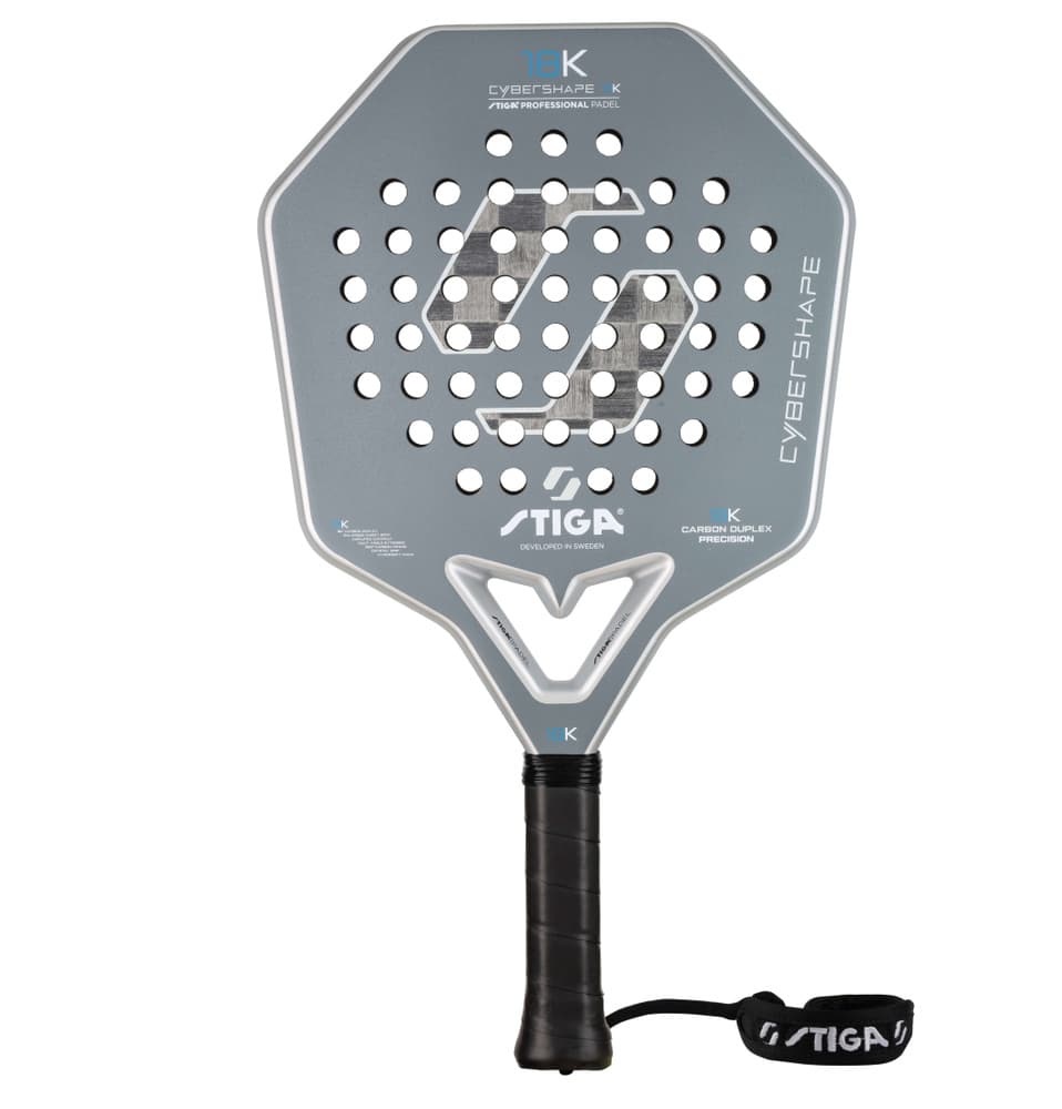 Stiga Cybershape 18K 2 padelracket in zilvergrijs met hoekige kop, vooraanzicht