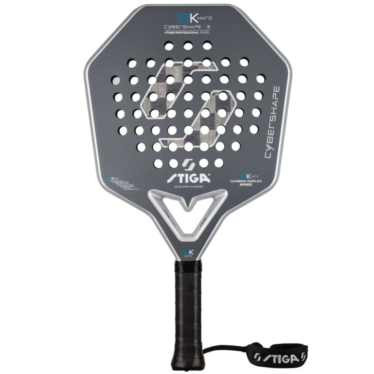 Stiga Cybershape 18K Hard 2 padelracket in donkergrijs met hoekige kop, vooraanzicht