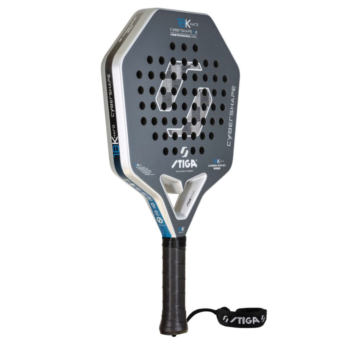 Stiga Cybershape 18K Hard 2 schuin vooraanzicht, hoekige vorm in grijs met blauw