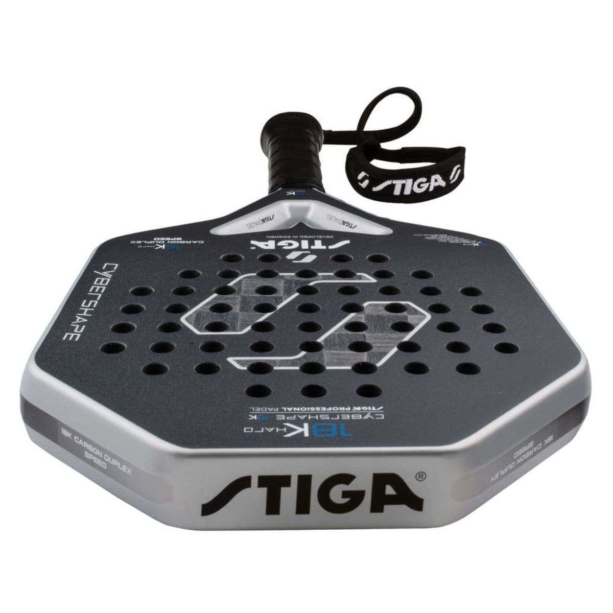 Bovenaanzicht van de Stiga Cybershape 18K Hard 2 met STIGA-logo op zilveren framerand