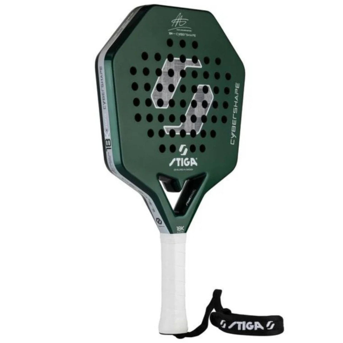 Stiga Cybershape 18K X Hard Adam Axelsson Edt schuin vooraanzicht met witte grip