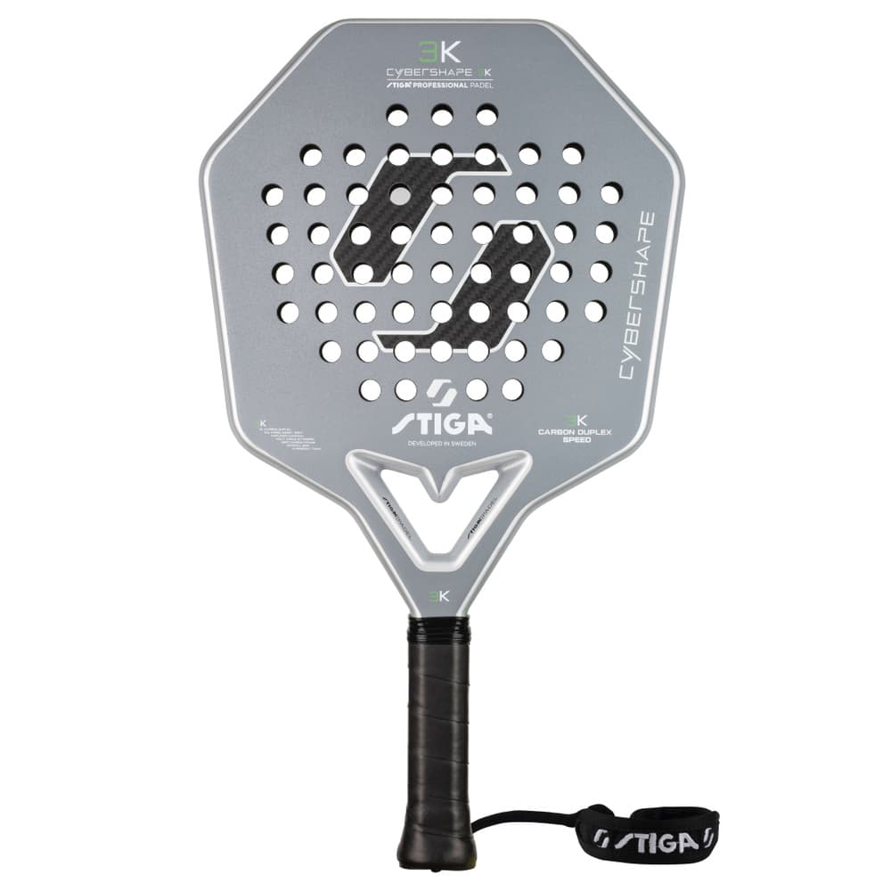 Stiga Cybershape 3K 2 padelracket in zilvergrijs met hoekige kop, vooraanzicht