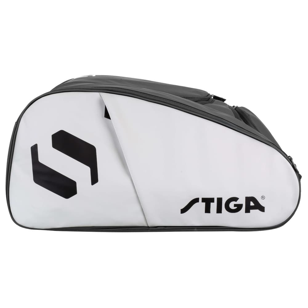 The other side of the black-and-white Stiga Court racket bag, featuring the logo and a wide white stripe