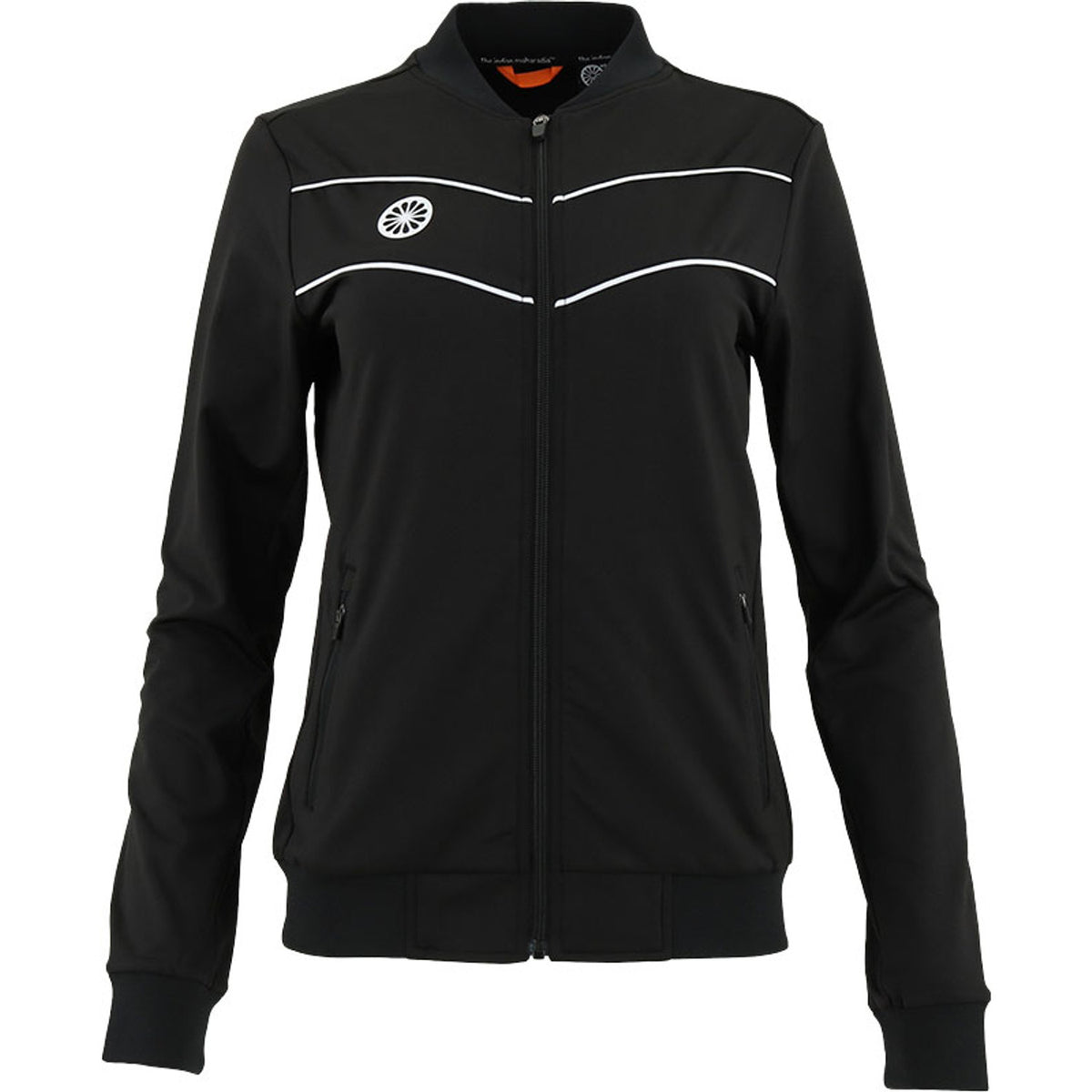Baroda Chevron trainingsjack voor dames in zwart, vooraanzicht met witte chevronstreep