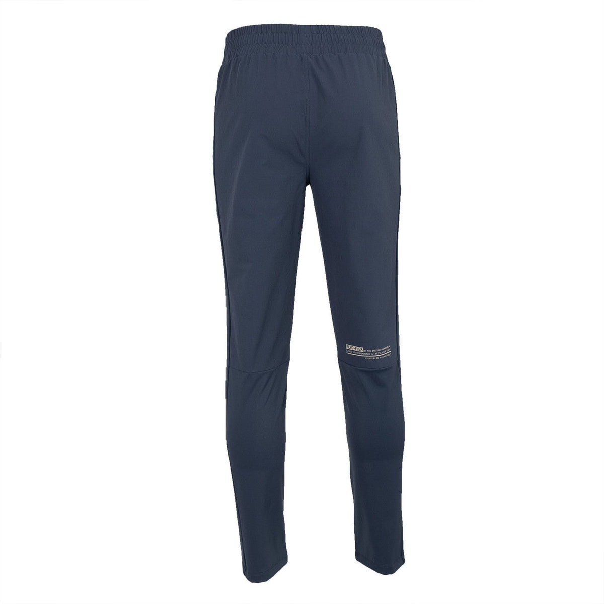 Schuin vooraanzicht van de donkerblauwe Plyo Flex broek met merkopdruk op het onderbeen