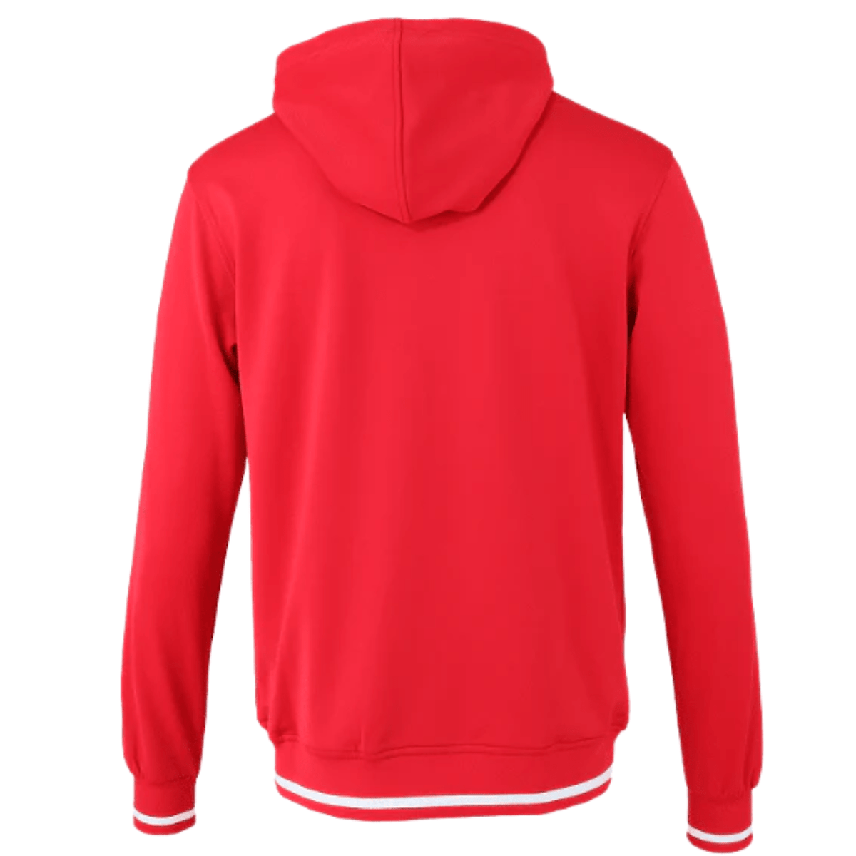 Achteraanzicht van het rode Tech Hooded vest met capuchon en wit gestreepte zoomboord